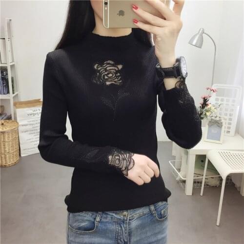 Lace Sexy Slim spring Turtleneck Pullovers Women Rose Hollow out Elegant Sweaters Rhinestone Ladies Full Sleeve stretch Jumpers