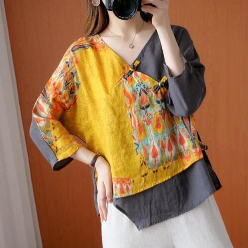 Ladies Chinese Tops 2020 Thin Cheongsam Top Linen Retro Oblique Buttons Asymmetric Shirt Chinese Style Clothing Women 11062