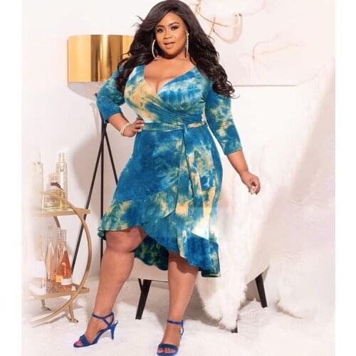 XL-5XL Plus Size Tie Dyeing Printed Ruffled Dress Women Deep V Neck Half Sleeve Loose Dresses Female Waist Drawstring Vestidos