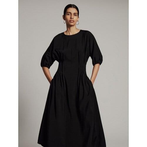 2021 Spring/Summer O-Neck Puff Sleeve Loose Temperament Fashion Mid-Length Casual Solid Dresses for Women Donsignet