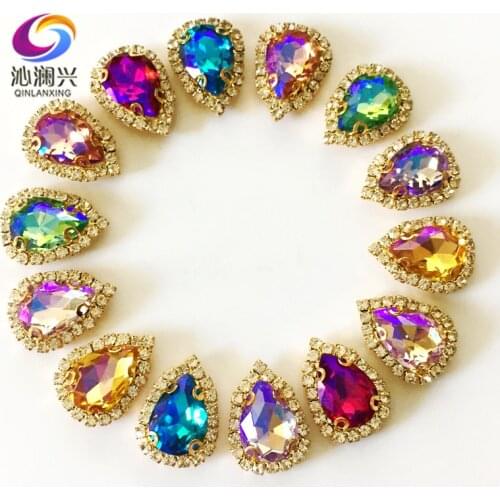 10pcs/lot AB color Golden bottom Top grade Glass Crystal buckle,Drop shape sew on rhinestones for Diy wedding decoration