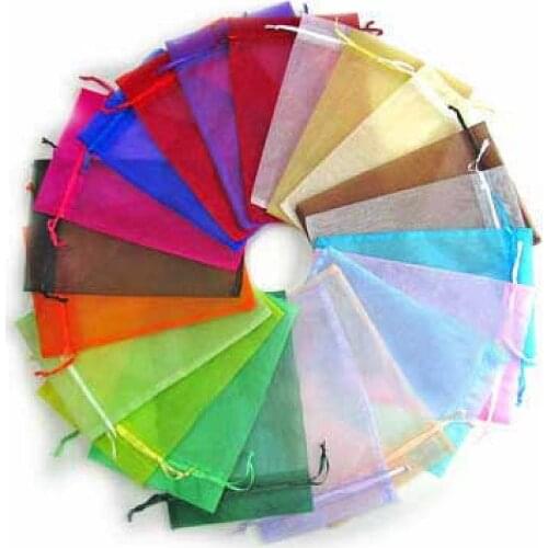 200Pcs Mixed Color 9x7cm Rectangle Organza Bags with Drawstring, High Dense Jewelry Packaging Pouches Gift Wedding Favors Party