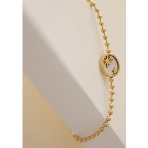 2021 Girls Sweet Gift Stainless Steel Cute Ladies White Shell Base Start Design Circle Charm Gold Beads Chain Bracelets Bangles