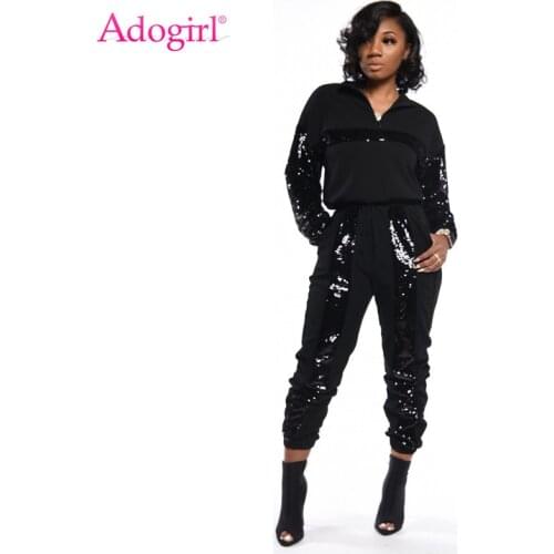Adogirl Sequins Patchwork Casual Two Piece Set Women Tracksuit Zipper Turtleneck Long Sleeve Pullover Sweatshirt Top Pants Suit
