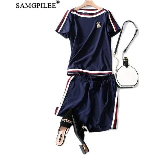 Blouses Women Fashion 2020 Summer Short Sleeve Casual Plus Size Two Piece Sets Slash Neck Elastic Waist Mini 2 Peice Set Women