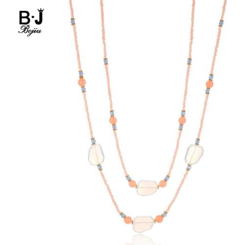 BOJIU Fashion Opal Pendant Long Necklace Pink Bead Natural stone Bead Necklace Women Accessories Set For Festive Gift Hot NKS179