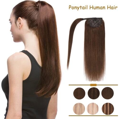 ZURIA Ponytail Human Hair Extensions Machine-Remy Brazilian Hair Extensions Clip Ins 12"16"20"24"/90g Straight hair Brown Color