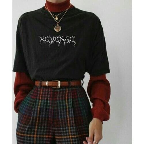 Black T Shirt Harajuku Aesthetic Letter Printed Revenge Grung Style Gothic Egirl Edgy Cotton Short Sleeve Graphic Tee Man Unisex