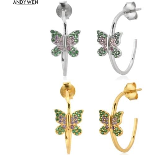 ANDYWEN 925 Sterling Silver Gold Rainbow CZ Zircon Butterfly Hoops Piercing Pendant Clips Wedding Gift Fine Jewelry Rock Punk