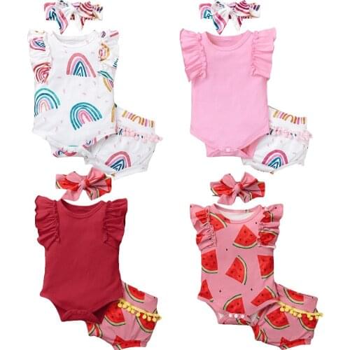 FOCUSNORM Summer Lovely Baby Girls Clothes Sets Ruffles Sleeve Pattern Print Tassel Romper Shorts Headband 3pcs