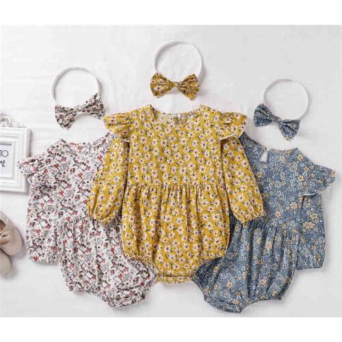 0-24M Baby Girl Flower Printed Romper Set Long Fly Sleeve Ruffled Hem Triangle Girls Jumpsuit With Headband