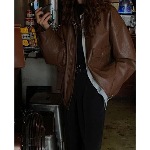 Womens Faux Leather Jacket Temperament Casual Ladies Turn-down Collar Zipper Solid Oversized Loose Fit Outerwear With Pockets