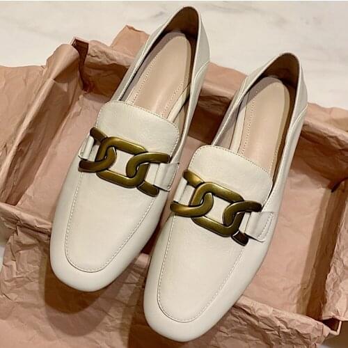 Womens genuine leather slip-on flats loafers leisure soft comfortable espadrilles square toe chain decoration moccasins shoes