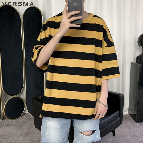 VERSMA 2018 Korean Harajuku Black White Stripe Casual Tee Shirt Men T-Shirt Short Sleeve Summer Hip Hop Streetwear Tops Tees 5XL