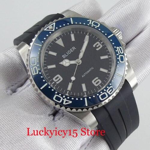 BLIGER Mechanical Mens Watch With Rotating Bezel Sapphire Glass 40mm Diameter Rubber Strap Black Dial