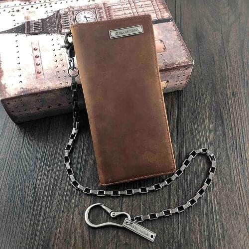 Mens Biker Crazy Horse Leather Long Chain Wallet Multi-card Coin Wallet Purse