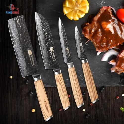 FINDKING zebra wooden handle damascus knives set 4 pcs 6.5 inch chef 7 inch santoku 5inch utility 3inch fruit knife 67 layers