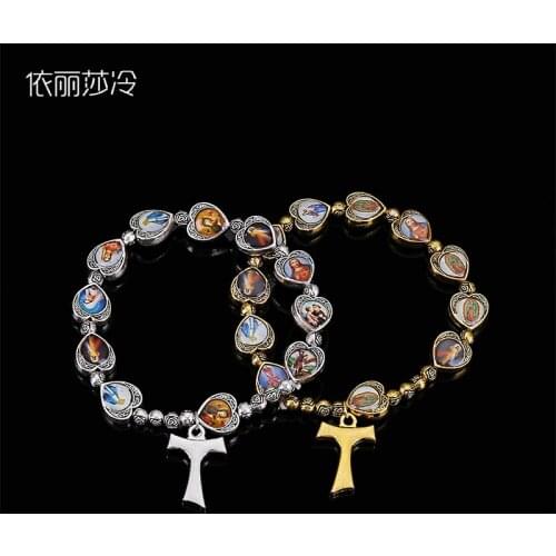 48 Pieces / Handmade Rosary Bracelet Stretch Bracelet Metal Round Small Rose Pearl Alloy Catholic Saints Image Prayer Bracelet