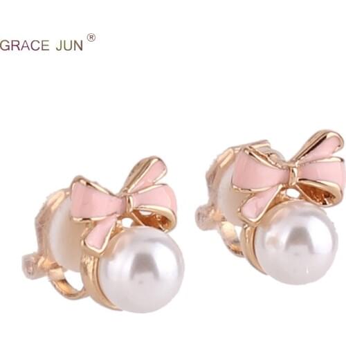GRACE JUN 8 Colors Choose Fashion Bowknot Shape Clip on Earrings No Pierced for Girl Party Prom Gorgeous Small Pierced Earrings