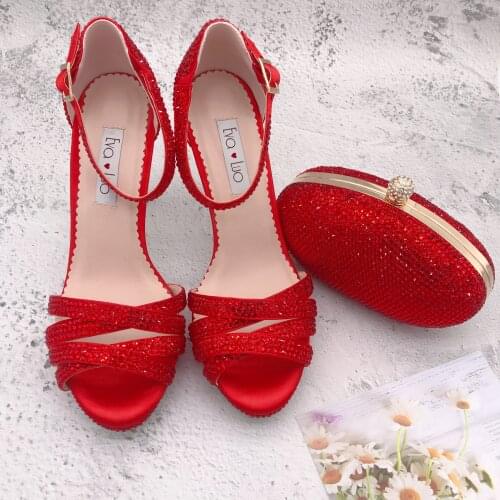 BS1232 DHL Express Custom Madel Shoes With Matching Bag Set Strappy Dress Sandal Women Shoes Red Crystal Bridal Wedding Shoes
