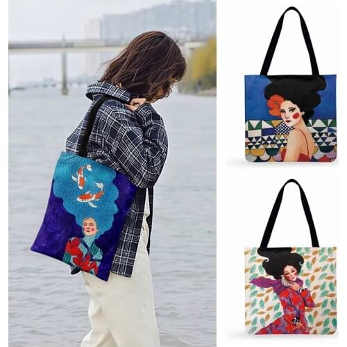 Outdoor Beach Bag Night Sky Girl Art Painting Print Tote Bag For Women Casual Tote Ladies Shoulder Bag Foldable Shopping Bag