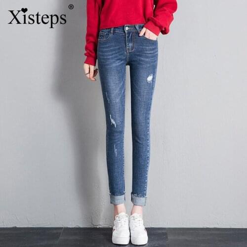 Xisteps Women Soft Classic Ripped Skinny Jeans All Match Girl Slim Korea Style Denim Pants Boyfriend Jeans 2019 Femme Pantalon
