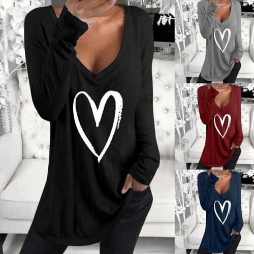 Woman Tshirts 2021 New Fashion Hot Style long-sleeved v-neck heart-shaped Printing Female Leisure t-shirt Dropshipping YFF6336