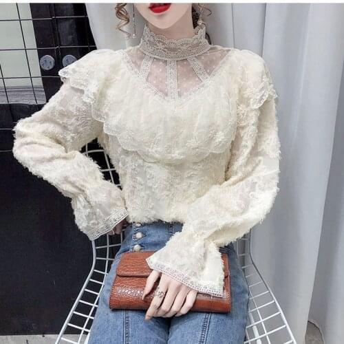 2021 spring and autumn fashion new lace bottoming shirt women western style loose all-match stand-up collar ruffled blouse