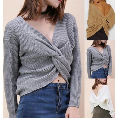 Woman Sweaters Cardigan Autumn Winter Twisted Backless Women Solid Color Slim V Neck Sweater Jumper Warm Tunic Casual Sweaters