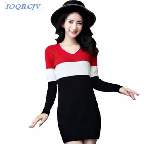 Women knitted sweaters autumn winter pullovers Plus size tops Bottom shirt Slim female spring stripe Long sweater IOQRCJV N090