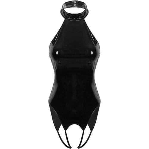 Womens Open Crotch Bodysuit One-piece Wet Look Patent Leather Halter Neck Backless High Cut Thong Leotard Bodysuit Nightwear