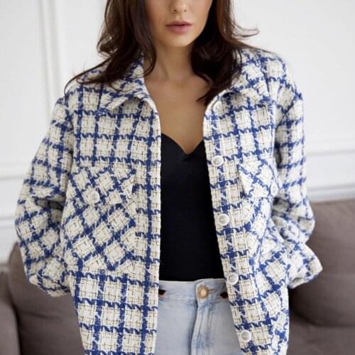 2021 womens fashion temperament loose blue and White Checkered Jacket Womens pocket Lapel coat girls small fragrance coat