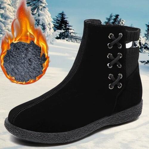 Winter Snow Boots Women Shoes Fashion Ankle Zip Round Toe Low (1cm-3cm) Plush Solid Cross-tied Breathable Thick Bottom Wedges