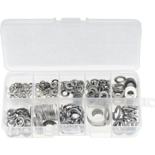 260PCS/Box M2.5-M10 M3 M4 M5 M6 M8 M10 Steel Flat Washer and Lock Washer Assortment Kit Plain Washer Combination Spring Washer