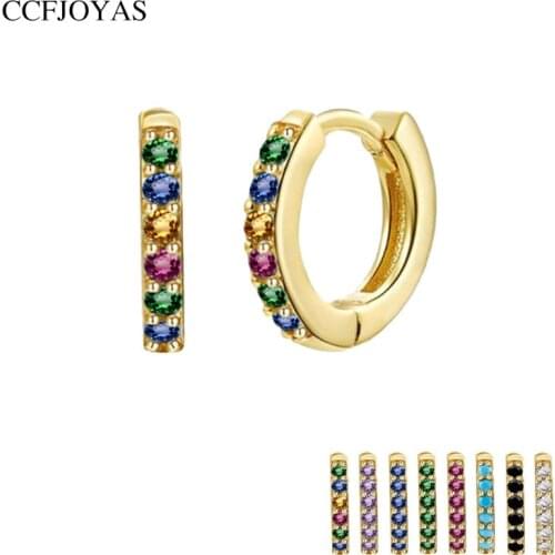 CCFJOYAS 7mm Rainbow/Black/Purple/Green/White Zircon 925 Sterling Silver Small Hoop Earrings for Women Gold Fashion Jewelry