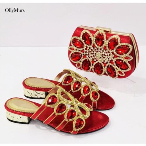 Italian Design Rhinestone Red Color Women Shoes And Matching Bag Set Summer Style Pumps Shoes And Purse Set For Party Dress