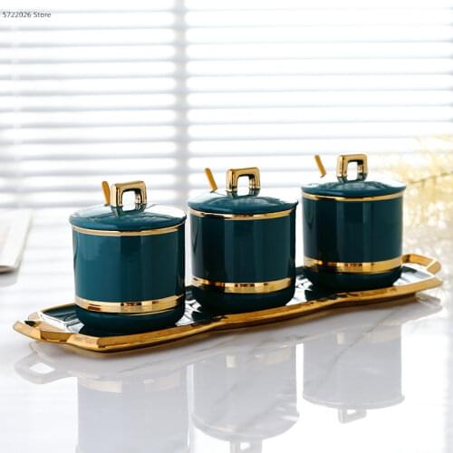 Creative Phnom Penh Seasoning Jar Set Nordic Dark Green Ceramic Seasoning Box Household Salt Shaker Sugar Bowl Kitchen Supplies