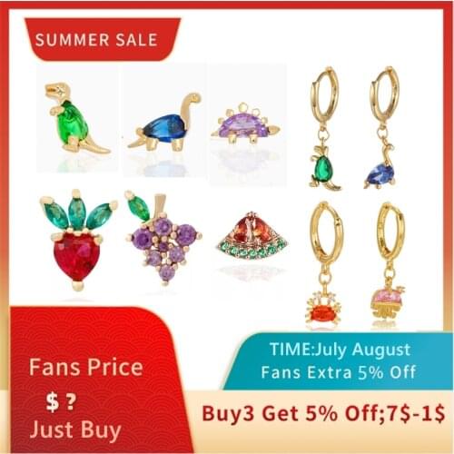 MC Ins Zircon Dinosaur/Fruit/Animal Stud Earrings For Women Simple Cute Gold-plated Colorul Small Hoops Korean Piercing Jewelry
