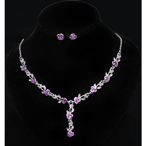 Fashion Rose Flower Necklace Rhinestone Necklace Earring Sets Wedding Bridal Jewelry Set Handmade Beads Jewelry XH