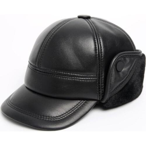 XdanqinX Men Real Genuine Leather Cap Winter Warm Velvet Baseball Caps Sheepskin Leather Earmuffs Hat Cold-proof Dad Leather Cap