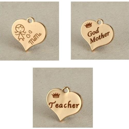 New Hot Sale Lettering Heart Pendant Charms Teacher God Mother mama Stainless Steel Charm Dangle DIY Accessories Jewelry