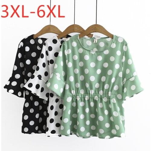 New 2021 summer plus size tops for women large blouse bell sleeve casual loose chiffon dot shirt green white 3XL 4XL 5XL 6XL