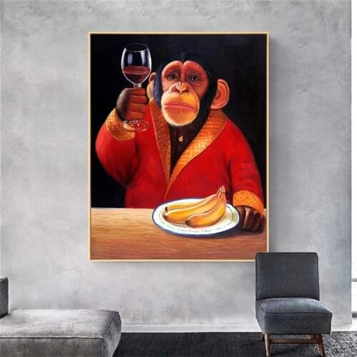 Monkey Chimp Drinking WIne Smoking Canvas Painting Modern Abstract Posters and Print Wall Art Picture for Living Room Home Decor
