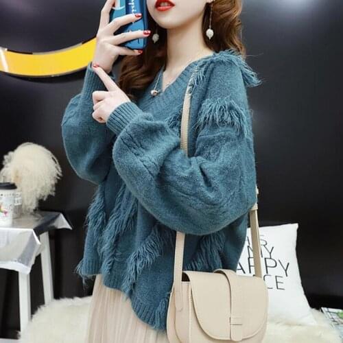 2020 Autumn Winter V Neck Women Sweaters Pullovers Korean Plus size Tassel Sweater Loose Knitted Warm Jumper Female Tops