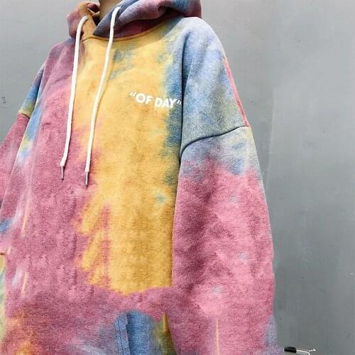 Autumn Winter Streetwear BF Harajuku Hooded Coat Oversize Hoodies Tie Dyed Sweatershirt Female Loose Velvet Thicken