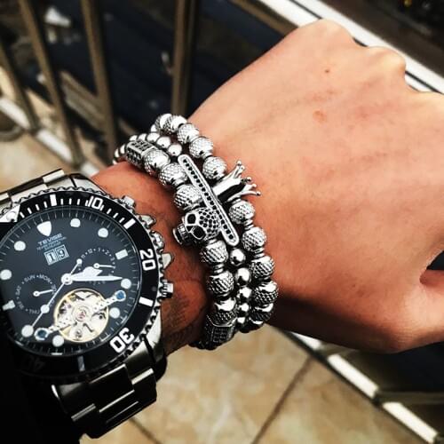 Silver Color Royal Men Bracelet Pulseras Bileklik Handmade Accessories Copper Crown Skull Bracelets Set Charm Armband Mens NEW