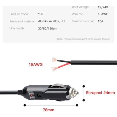 K92C Male Plug Cigarette Lighter Outlet + Eyelet Terminal Spring Power Supply Cord 12V 18AWG Cable Fused DC Power 12 24 Volt