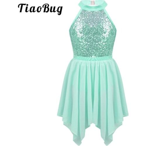 TiaoBug Kids Sequins Two-piece Gymnastics Leotard with Chiffon Ballet Skirt Set Girls Figure Skating Dress Lyrical Dance Costume