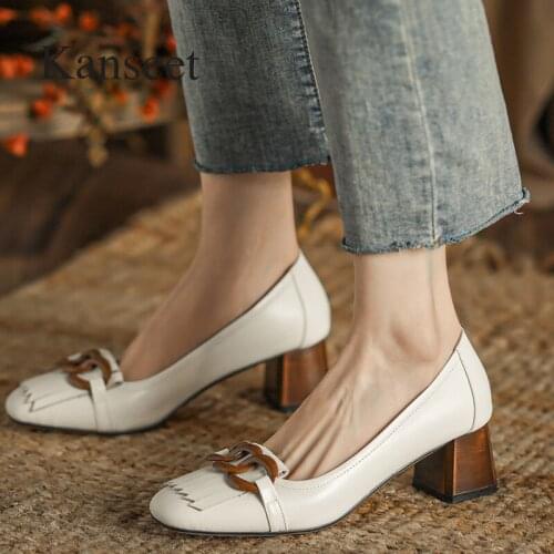 Kanseet Women Fringe Genuine Leather Mid Heel Pumps Thick Heels Shoes Chain Fashion Shoes Female Dress Apricot Spring Shoes