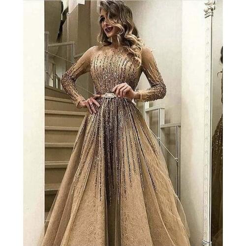 Champagne prom dresses 2020 sheer crew neckline long sleeve beading sequins crystal long evening dresses gowns
